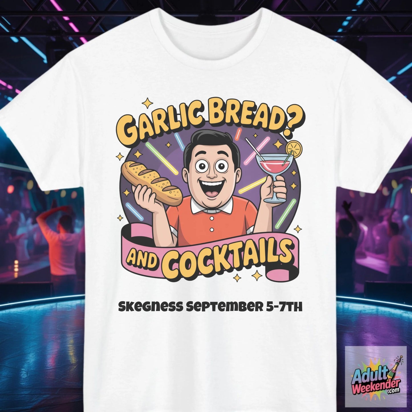 Garlic Bread and Cocktails - Adult Weekender Front and Back Personalised Unisex Heavy T-Shirt or Hoodie - 90s - Adult Weekender
