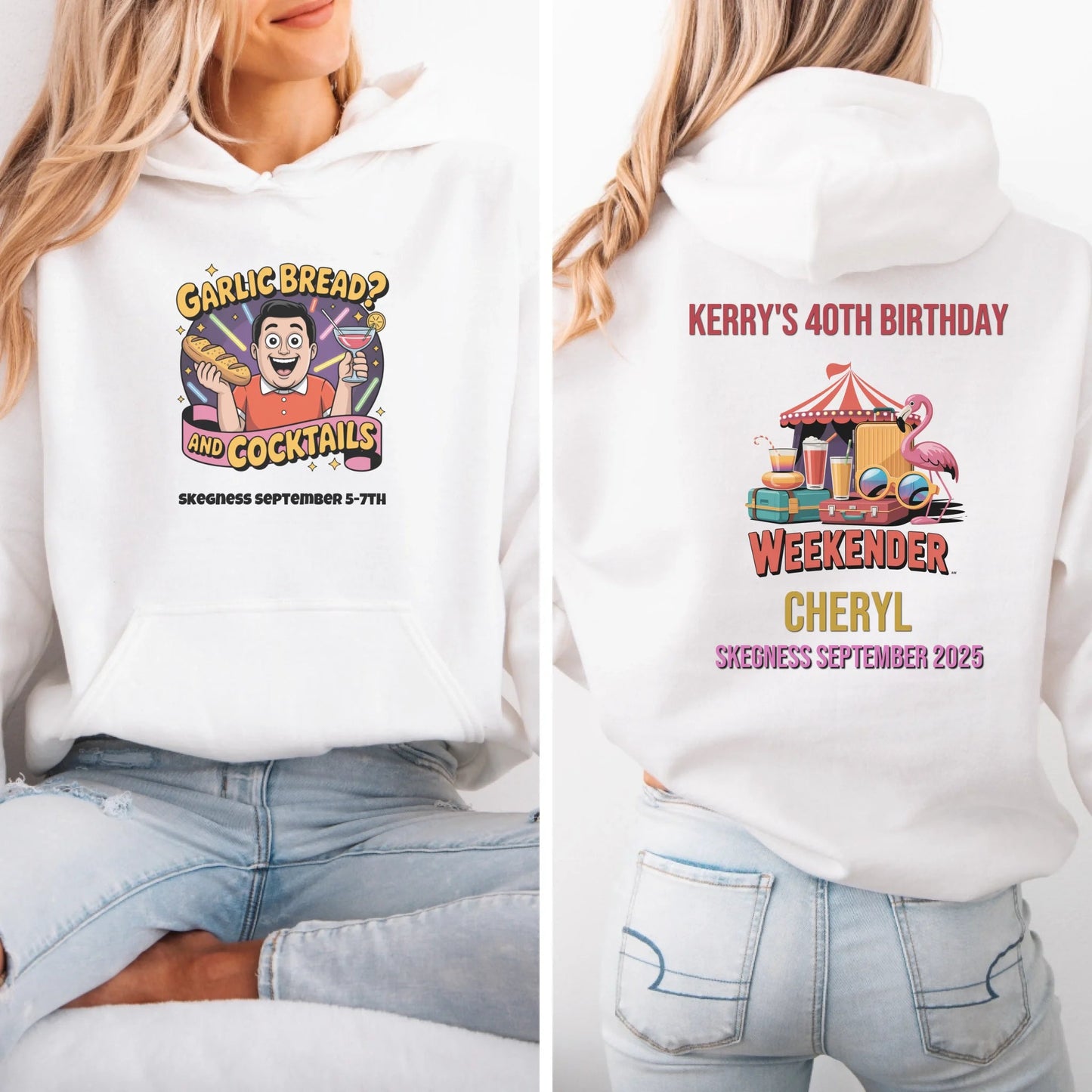 Garlic Bread and Cocktails - Adult Weekender Front and Back Personalised Unisex Heavy T-Shirt or Hoodie - 90s - Adult Weekender