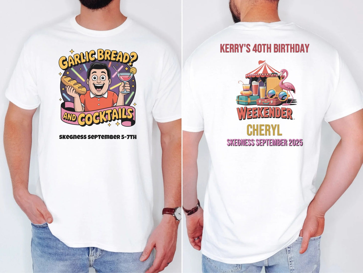 Garlic Bread and Cocktails - Adult Weekender Front and Back Personalised Unisex Heavy T-Shirt or Hoodie - 90s - Adult Weekender