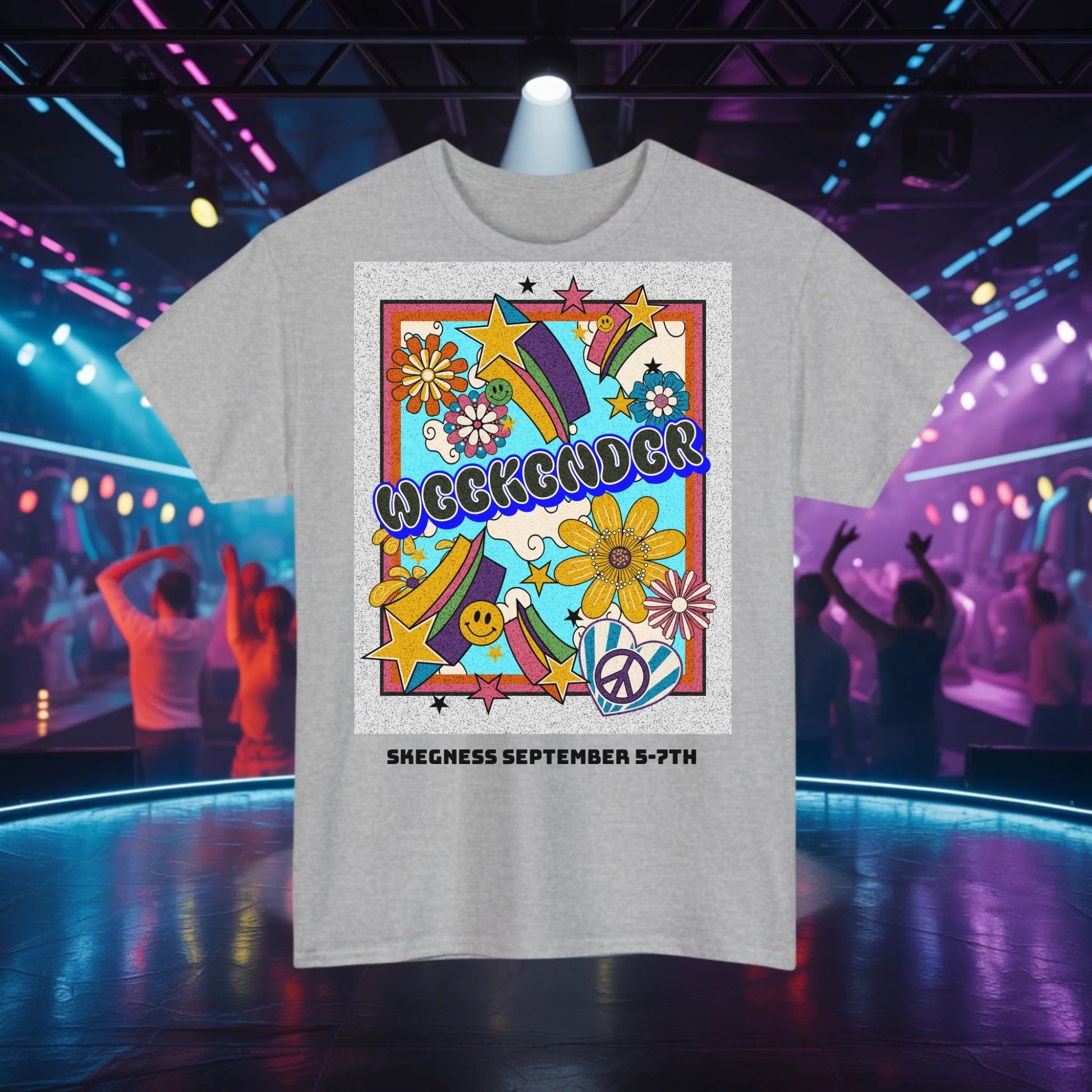 Groovy Weekender - Adult Weekender Front and Back Personalised Unisex Heavy T-Shirt 70s - Adult Weekender