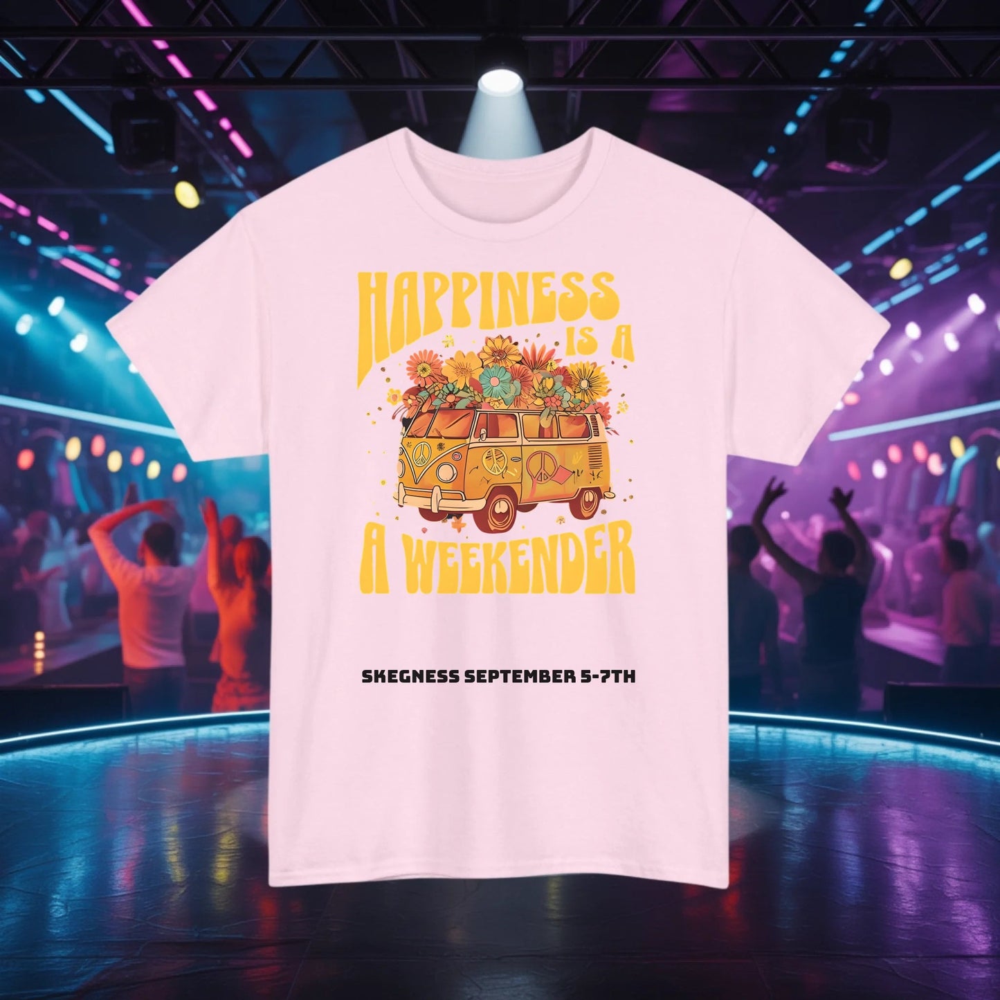 Happiness is a Weekender - Adult Weekender Front and Back Personalised Unisex Heavy T-Shirt 70s - Adult Weekender