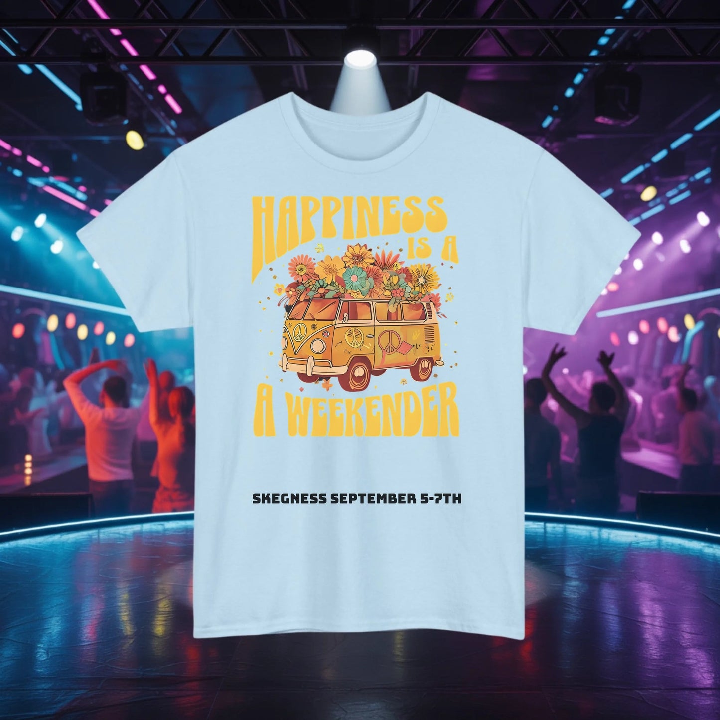 Happiness is a Weekender - Adult Weekender Front and Back Personalised Unisex Heavy T-Shirt 70s - Adult Weekender