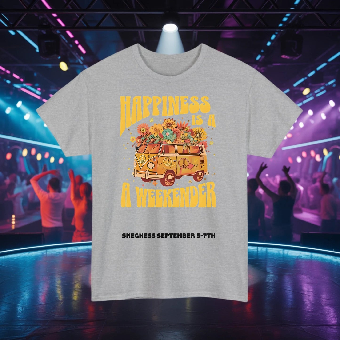 Happiness is a Weekender - Adult Weekender Front and Back Personalised Unisex Heavy T-Shirt 70s - Adult Weekender