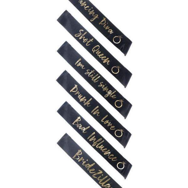 Hen Party Funny Sashes, 6Pk, Black & Gold - Adult Weekender