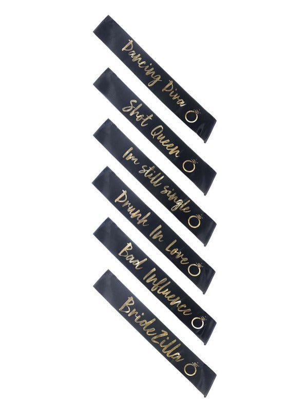 Hen Party Funny Sashes, 6Pk, Black &amp; Gold - Adult Weekender
