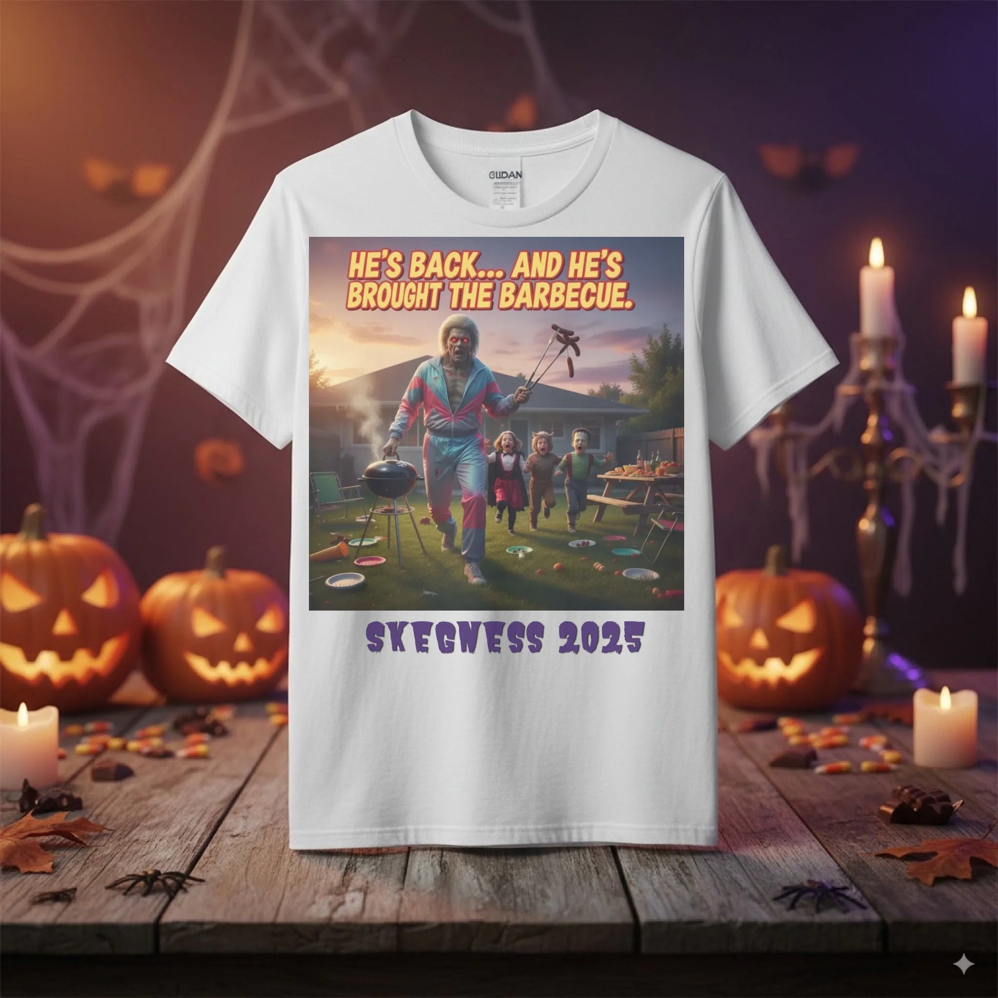 He's back and this time he's bought the BBQ - Adult Weekender Unisex Heavy T-Shirt - Stags, Hens, Birthdays Halloween - Adult Weekender