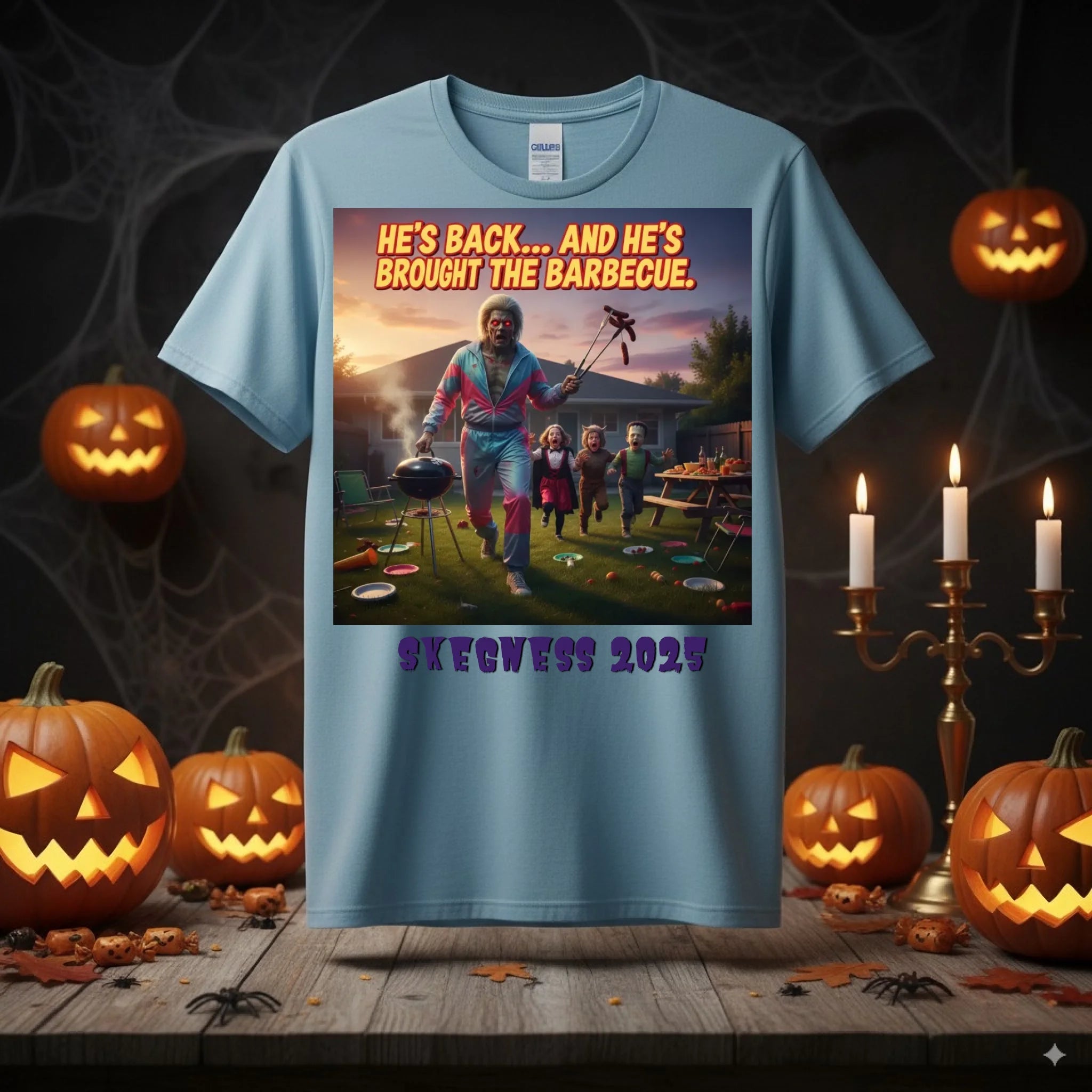 He's back and this time he's bought the BBQ - Adult Weekender Unisex Heavy T-Shirt - Stags, Hens, Birthdays Halloween - Adult Weekender