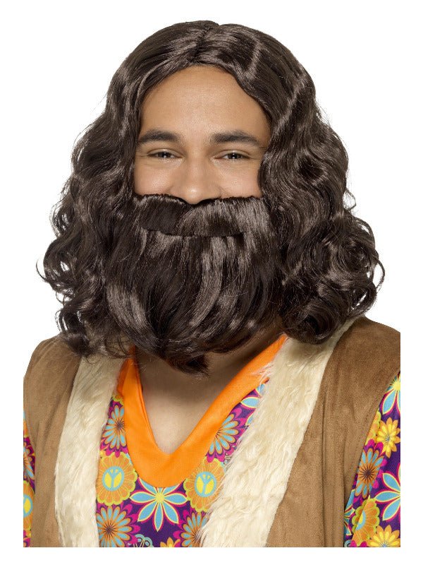 Hippie/Jesus Wig &amp; Beard Set, Brown - Adult Weekender