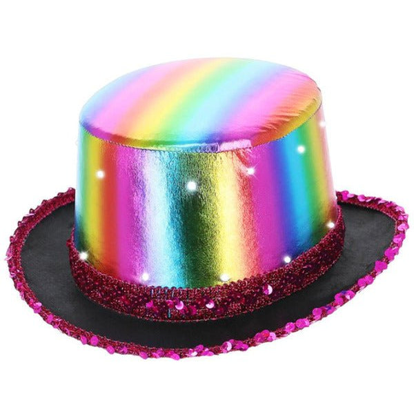LED Light Up Metallic Top Hat, Rainbow - Adult Weekender