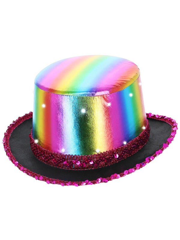 LED Light Up Metallic Top Hat, Rainbow - Adult Weekender