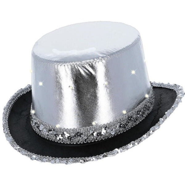 LED Light Up Metallic Top Hat, Silver - Adult Weekender