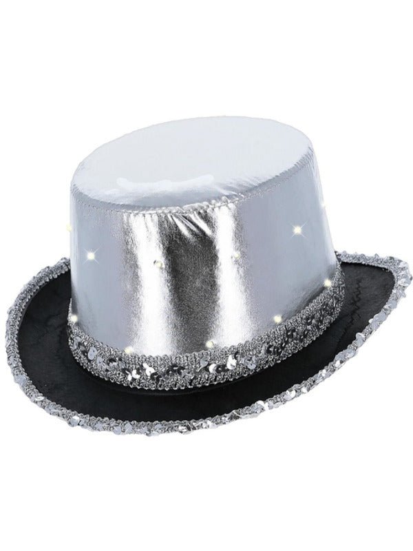 LED Light Up Metallic Top Hat, Silver - Adult Weekender