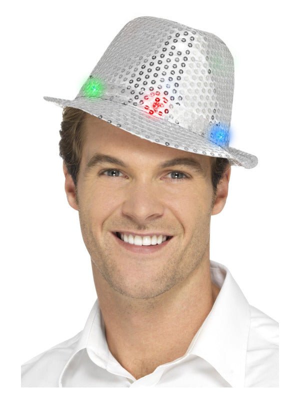 Light Up Sequin Trilby Hat, Silver - Adult Weekender