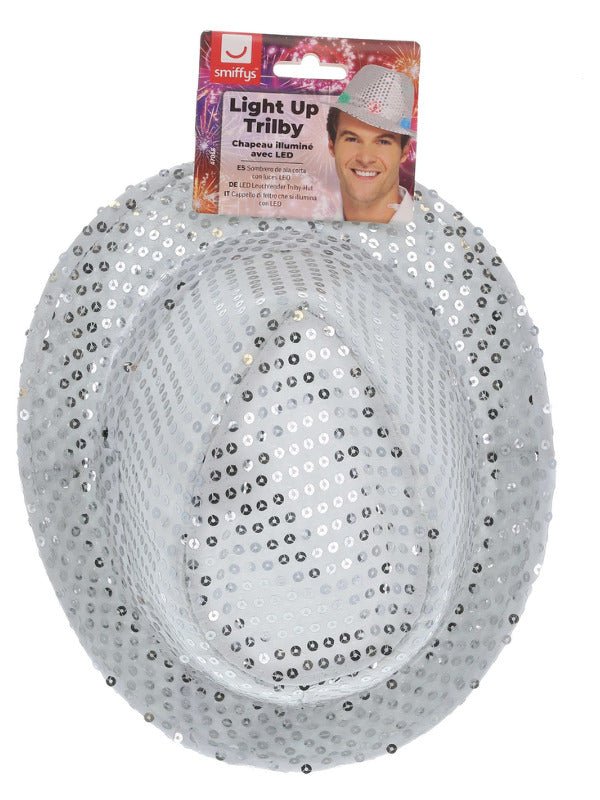Light Up Sequin Trilby Hat, Silver - Adult Weekender