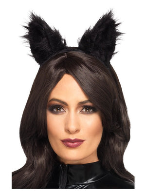 Long Pile Fur Cat Ears, Black - Adult Weekender
