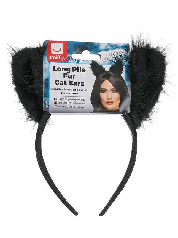 Long Pile Fur Cat Ears, Black - Adult Weekender