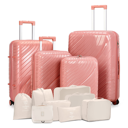 4-Piece Luggage Set with 2-Piece Handbag & 8-Piece Toiletry Kit – Rose Gold PP Suitcase + Beige Travel Accessories