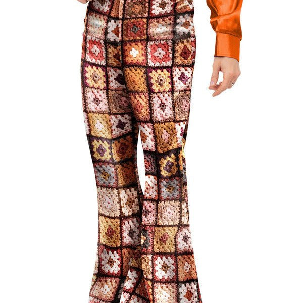 Mens 60s Vintage Crochet Print Flared Trousers - Adult Weekender