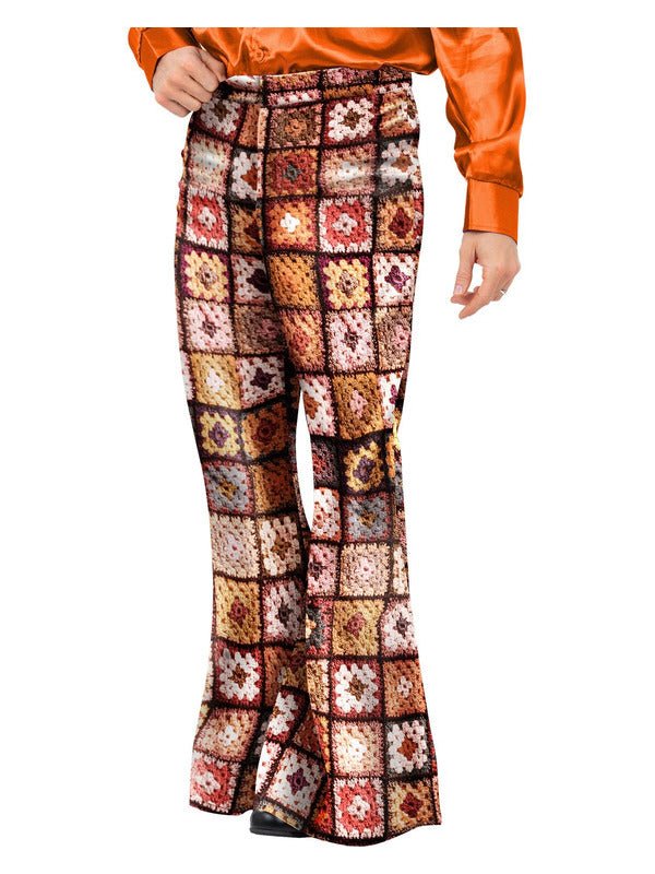 Mens 60s Vintage Crochet Print Flared Trousers - Adult Weekender