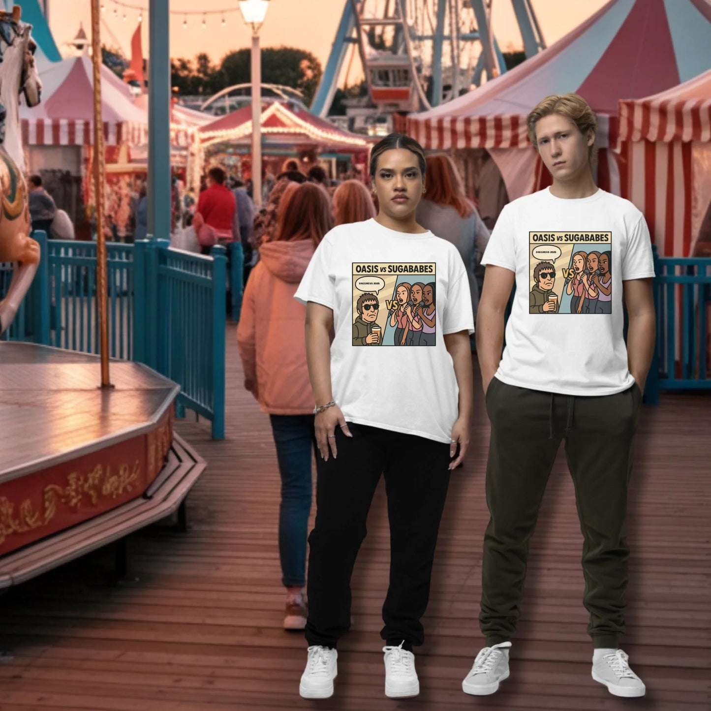 Oasis vs Sugababes - Adult Weekender Front and Back Personalised Unisex Heavy T-Shirt Replay - Adult Weekender