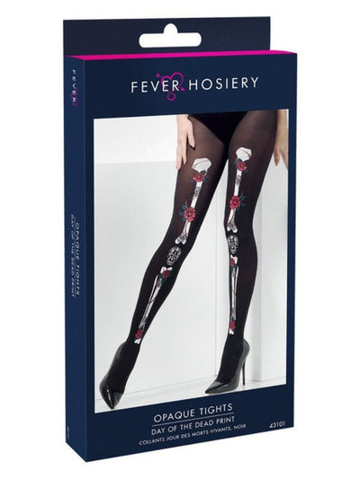 Opaque Day of the Dead Tights, Black - Adult Weekender