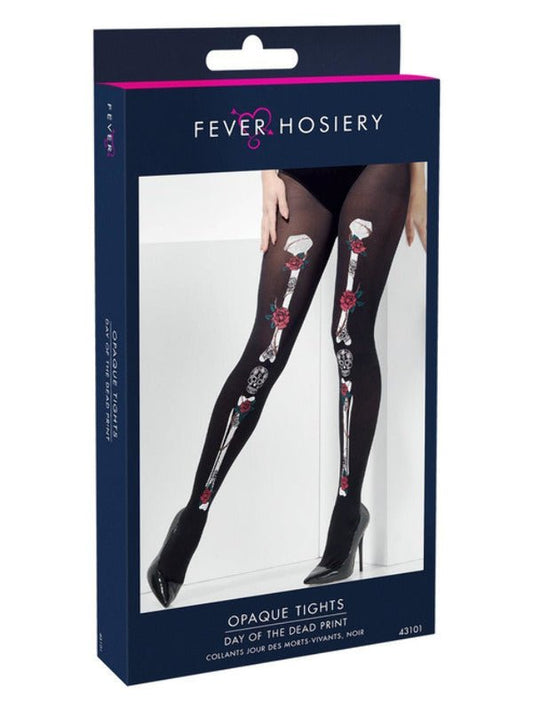 Opaque Day of the Dead Tights, Black - Adult Weekender