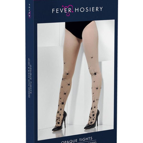 Opaque Tights with Spiders, Nude & Black - Adult Weekender