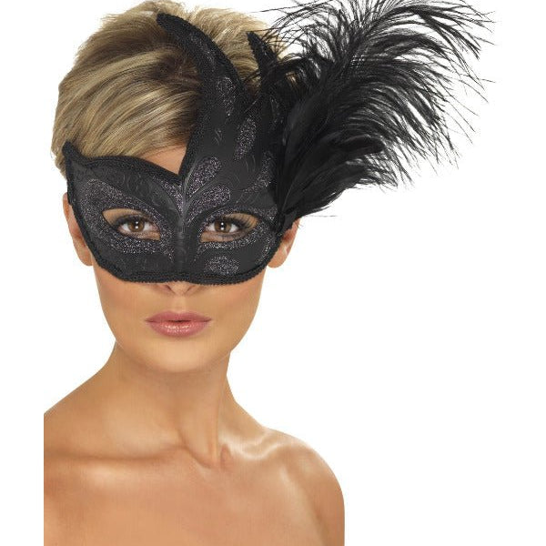 Ornate Colombina Feather Mask, Black - Adult Weekender