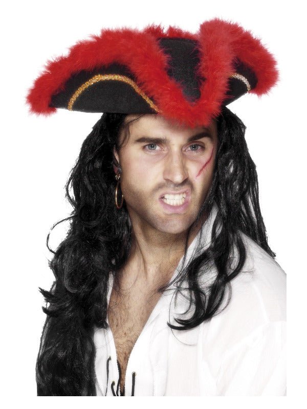 Pirate Tricorn Hat, Red Feather, Black - Adult Weekender