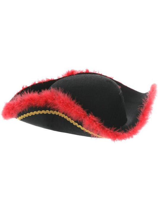 Pirate Tricorn Hat, Red Feather, Black - Adult Weekender