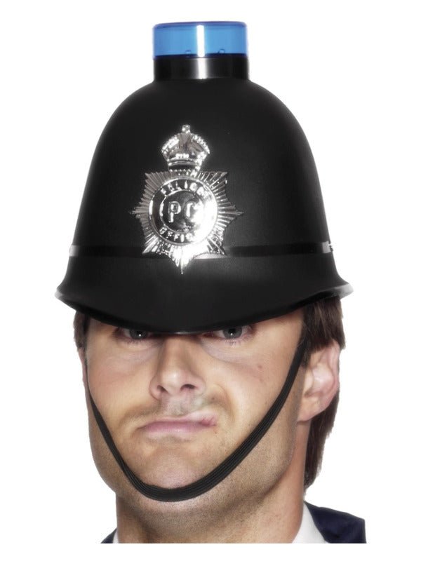 Police Helmet with Flashing Siren Light, Black - Adult Weekender