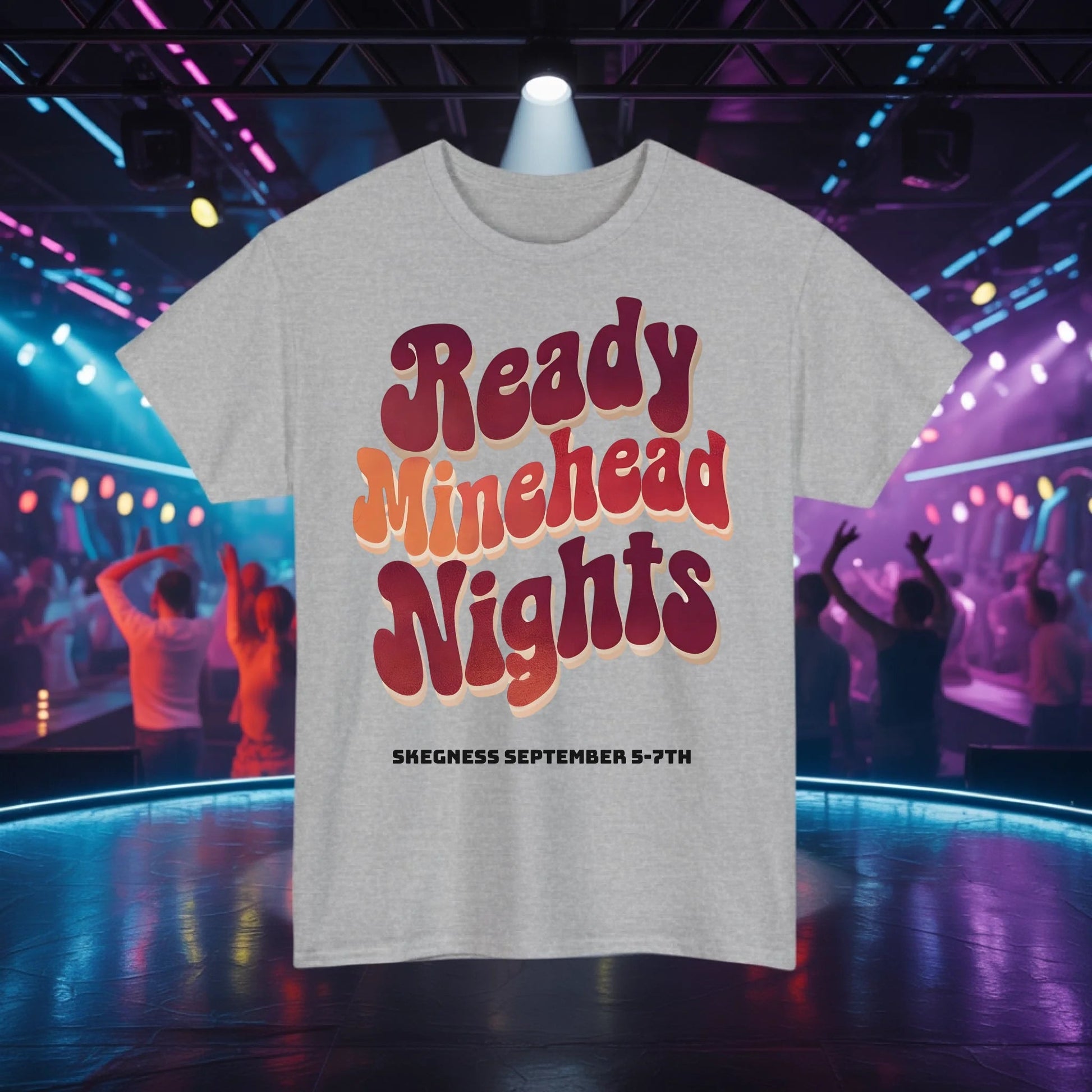 Ready Minehead Nights - Adult Weekender Front and Back Personalised Unisex Heavy T-Shirt 70s - Adult Weekender