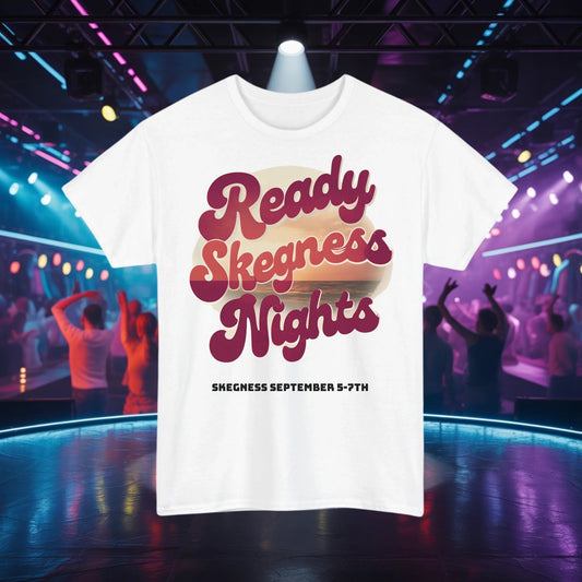 Ready Skegness Nights - Adult Weekender Front and Back Personalised Unisex Heavy T-Shirt 70s - Adult Weekender