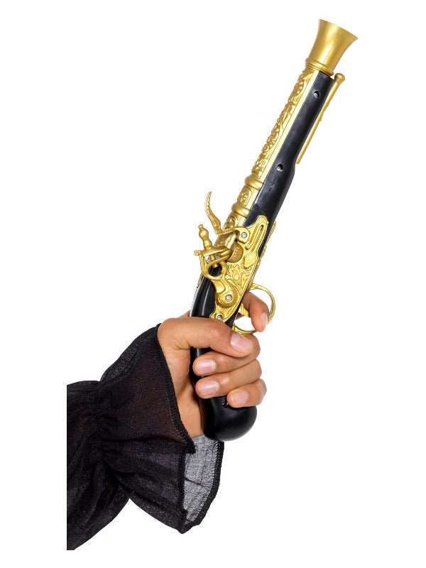 Realistic Pirate Blunderbuss Pistol, Black &amp; Gold - Adult Weekender
