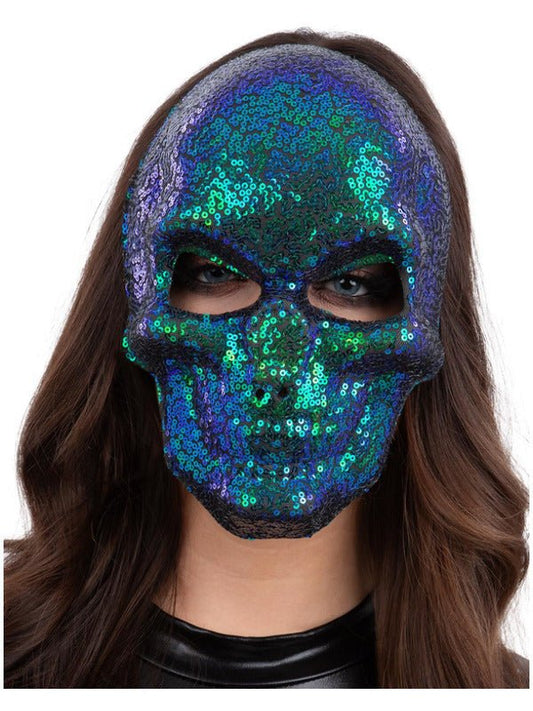 Sequin Skull Mask, Two Tone Blue &amp; Green - Adult Weekender