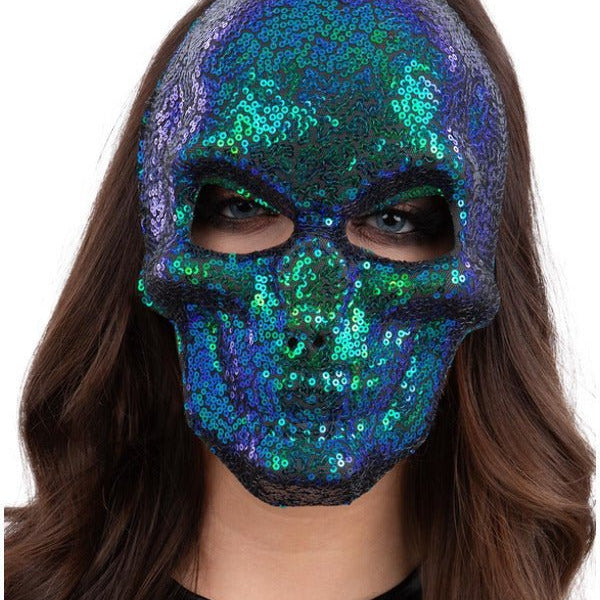 Sequin Skull Mask, Two Tone Blue & Green - Adult Weekender