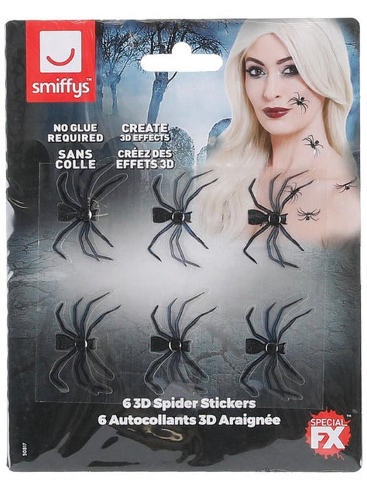 Smiffys Make - Up FX, 3D Spider Stickers, Black - Adult Weekender
