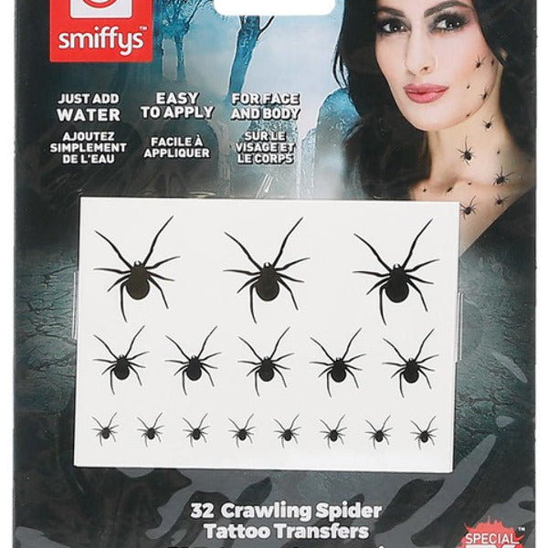 Smiffys Make - Up FX, Crawling Spider Transfers, Bla - Adult Weekender