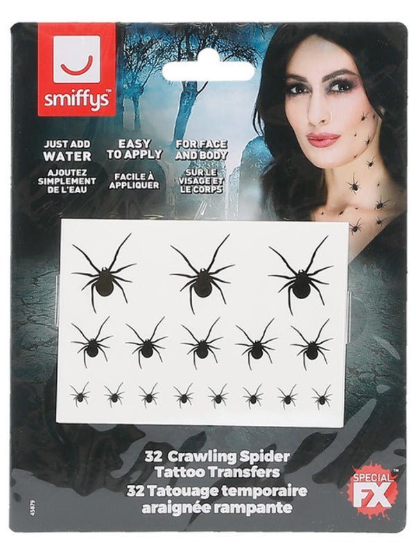 Smiffys Make - Up FX, Crawling Spider Transfers, Bla - Adult Weekender