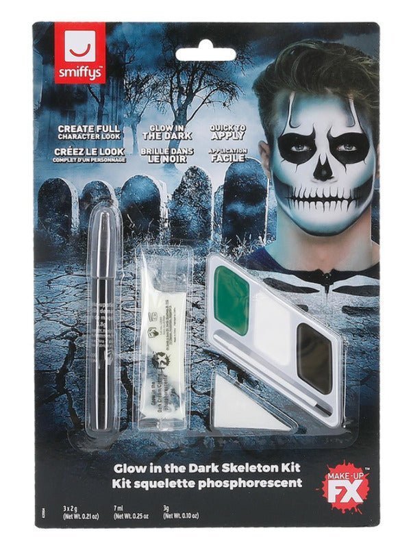Smiffys Make - Up FX, GID Skeleton Kit, Grease, Blac - Adult Weekender