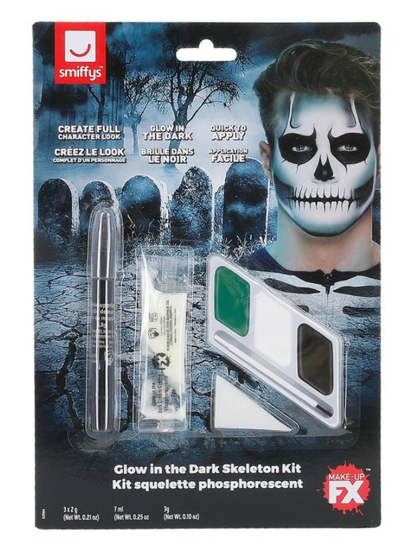 Smiffys Make - Up FX, GID Skeleton Kit, Grease, Blac - Adult Weekender