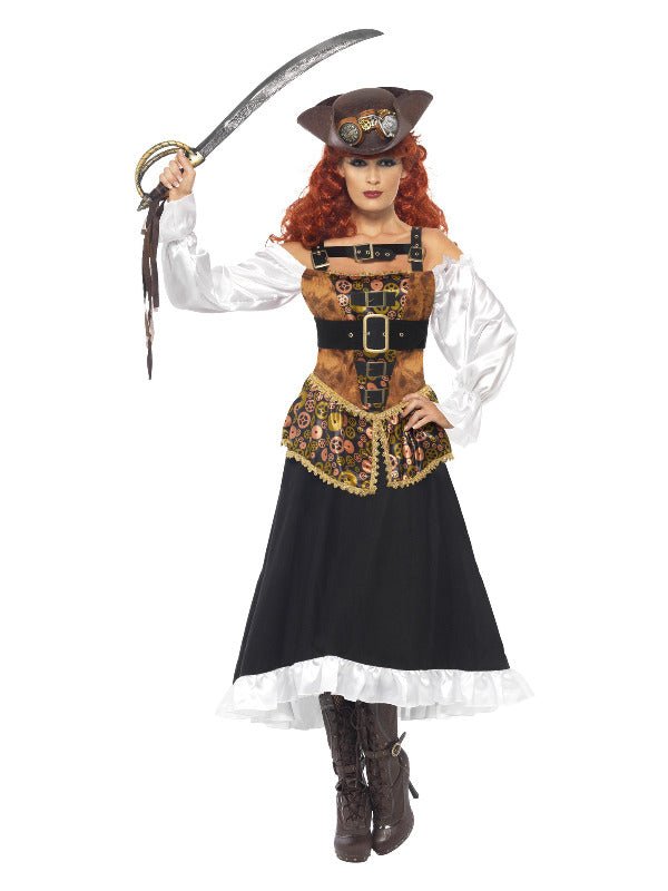Steam Punk Pirate Wench Costume, Black &amp; Gold - Adult Weekender