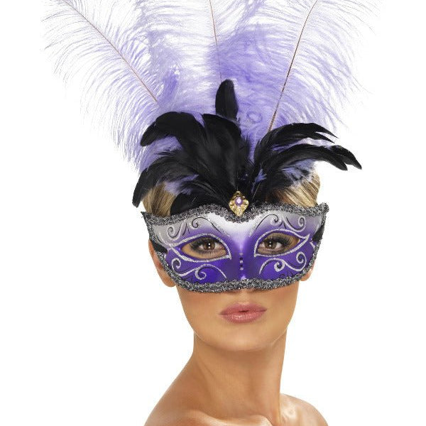 Venetian Colombina Eyemask with Multicolour Plume, - Adult Weekender