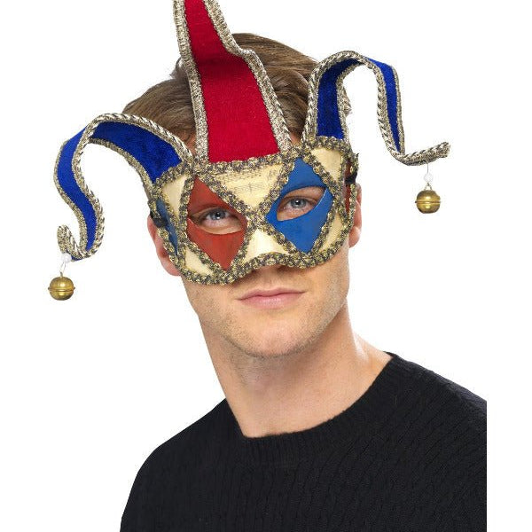 Venetian Musical Jester Eyemask, Red & Blue - Adult Weekender