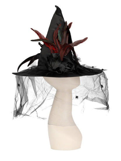 Witch Hat, Feathers &amp; Netting, Black - Adult Weekender