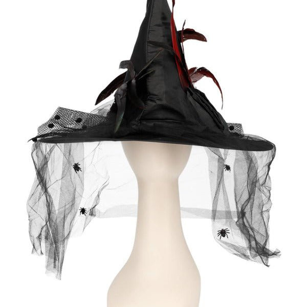 Witch Hat, Feathers & Netting, Black - Adult Weekender