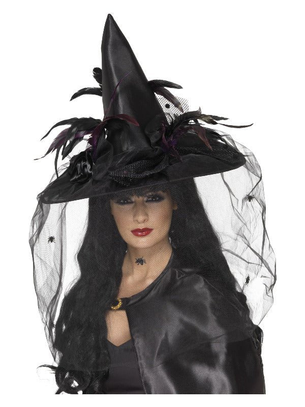 Witch Hat, Feathers &amp; Netting, Black - Adult Weekender